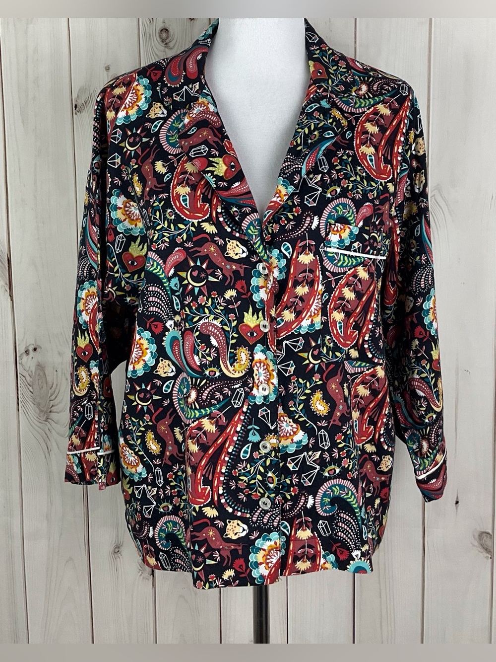 Loft Sleep Womens Multicolor Floral Paisley Button Front Pajama Sleep Top Size L